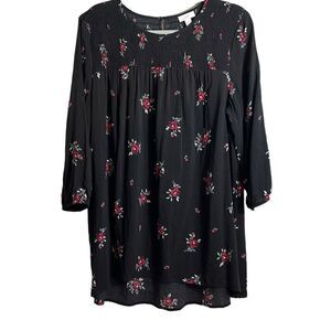 J. Jill smocked yoke rose print on black 3/4 sleeve tunic L